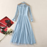 Scarf Long Sleeve Temperament Fashion Water-Soad Hook Flower Blue Dress 2025 Spring And Summer New Women's Clothing 68HZ