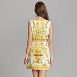 2024 Summer New Women's High-End Court Retro-Print Round-Neck Sleeveless Vest Short Dress 68HZ