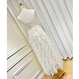 Small-Set Temperament V-Neck Net Yarn With Chest Cushion Ostrich Feather Beaded Flowers High Fork Thairy Long Skirt 68HZ