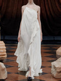 Naughty Fashion Show-Back Vintage Linen-Backed Lint-Slanted Shoulder-Hanging Neck Dress Dress Female Designer 68HZ