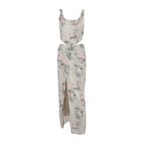 Summer Women's Chiffon Print T-Shirt Slings Umbilled Blouse Skirt Open Fork Two Sets Set 68HZ