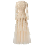 Heavy Industry Three-Dimensional Flower Hollow Long-Sleeved Lotus Side Princess Wind Apricot Dress New Women's Autumn And Winter 2024 68HZ