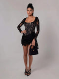 Long-Sleeved Sexy Lace Fish Bone Girded Waist Dress Autumn And Winter New Short Dress 68HZ