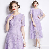 Summer Dress New Short-Sleeved Lace Dress Women's Long-Singed Flower Hollow Purple High-Waist Aa Skirt Thin 68HZ