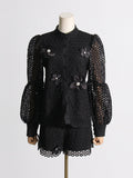 2025 New Design Embroidery Lace Fashion Suit Women Two Sets Of Lantern Sleeve Top + Casual Shorts Women 68HZ