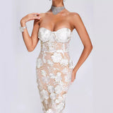 Elegant Lace Three-Dimensional Flowers Decorated With White Sexy Thoracic Dress Light Luxury Dinner Dress 68HZ