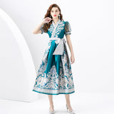 French Retro Court Dress Design Printing Lantern Sleeves Long Swing Temperament Dress Spring Dress 68HZ