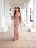 2024 New Fashion V-Necked Hips Brighten Dress Mid-Waisted Horn Sleeve Long Evening Dress 68HZ