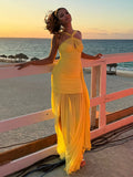 New Solid Color Sexy Hanging Neck Mesh Splicing Dress High-End Temperament Open Dress Dress Dress 68HZ