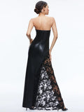 INS Solid Color PU Leather Fashion Temperament Body-Meared Lace Explosion Sexy Mid-Long Dress Dress Dress 68HZ