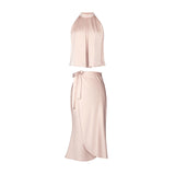 French Famous Lady Niche Design Gold Powder Champagne Top Tied With High-Waist Skirt Suit Female Summer 68HZ