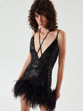 Women's Sexy V-Necked Dress High-End Temperament Cane Stitched Feathered Ass Skirt Dress Dress 68HZ