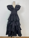 Spring And Summer 2024 New V-Neck Flying Sleeve Embroidery Splicing Wooden Ear Layer Mid-Long Dress Dress Australian Vacation 68HZ
