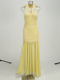 New Solid Color Sexy Hanging Neck Mesh Splicing Dress High-End Temperament Open Dress Dress Dress 68HZ
