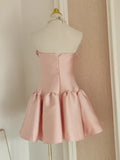 Retro Pink 3D Flowers Design A-line Strapless Satin Mini Party Dress Homecoming Dress HZ1024