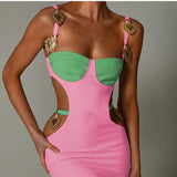 High-End Women's Clothing Colliding Splicing Sling Fashion Sexy Bare Waist Elastic Bandatry Dress 68HZ