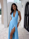 Spring 2024 Women's New Fashion High-End Temperament Hanging Neck Sexy Open-Puck With Solid Color Dress Women 68HZ