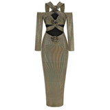 New Women's Sexy V-Neck Long-Sleeved Dress High-End Decorative Flowers Under The Fork Dress Long Model 68HZ