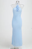 High-End Women's New Sexy Bare Back Hanging Neck Dress Dress Flower Decorative Temperament Banquet Dress Dress 68HZ