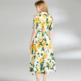 Short-Sleeved Print Dress 2025 Summer New Lapel Belt Repair Over Knee Skirt Yellow Dress 68HZ