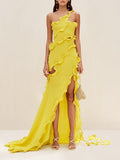 Elegant Wind One-Shoulder Dress Dress 2025 Summer New Splicing Wood Ear Slim Slim Open Fork Dress Woman 68HZ