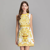 2024 Summer New Women's High-End Court Retro-Print Round-Neck Sleeveless Vest Short Dress 68HZ
