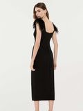 New Dress Square Collar Dress Elegant Bow Feathers Sleeveless Bandage Sexy Dress 68HZ