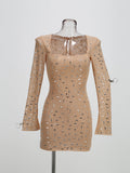 Women's New Sexy Square Collar Hot Diamond Long-Sleeved Dress Body Slimming Bag-Butt Dress Dress Dress Woman 68HZ