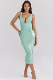 Women's Sexy Deep V-Snee Dress Temperament Body-Body-Bstupling Open Fork Dress Mid-Long 68HZ