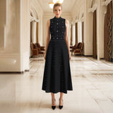 Elegance Elegant Wind 2025 Spring New Nail Beads Diamond Ring Collar Sleeveless Waist Slim Slimmed A-Word Dress 68HZ