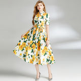 Short-Sleeved Print Dress 2025 Summer New Lapel Belt Repair Over Knee Skirt Yellow Dress 68HZ