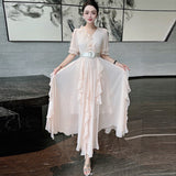 Sexy V-Neck Long-Sleeved Lace Splicing Black Irregular Swing Dress Spring And Summer Women's New 2024 68HZ