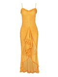 Early Autumn Women's High-End New Mesh Sling Sling Folds Irregular Sleeveless Dress Fashion Design Long Dress 68HZ