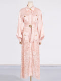 Spring 2025 New Women's Fashion Flip Lantern Long Sleeve Single Buckle Belt Lace Long Temperament Dress Woman 68HZ
