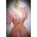 Fashion Evening Dress Dress Female Solid Color Host V Lead French Princess Vocal Art Test Solo Performance Dress Pink 68HZ