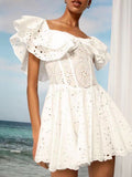 Spring 2025 New High-End Feeling Shoulder Lotus Leaf Embroidery Waist Thin Holiday Dress Dress Dress Dress Woman 68HZ