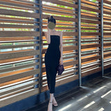 Gentle Temperament Folded Thin Elastic Brush Chest Open Fork Dress Solid Color Dress Shoulder Small Dress Dress 68HZ