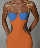High-End Women's Clothing Colliding Splicing Sling Fashion Sexy Bare Waist Elastic Bandatry Dress 68HZ