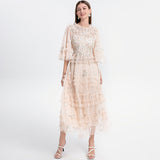 Smell Elegant Dress Woman 2025 French Heavy Industry Embroidered Flower Net Folded Pongy Over Knee Dress 68HZ
