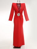 High-End Women's Sexy Deep V-Folded Long-Sleeved Dress Dress Long Dress Dress 68HZ