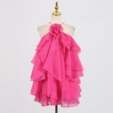 Temperament Sexy High-End Short Dress 2025 Summer New Hanging Neck Three-Dimensional Flower Design Strapped Sleeveless Dress 68HZ