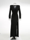 Women's New Sexy Deep V Kinesk Long-Sleeved Dress Dress High Open-Pocket Bag Even Skirt 68HZ