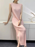 Three-House Fish Squid Folding Vest Dress Women's Summer Temperament Simple Embody Sleeveless Over The Knee Wrinkle Open One-Step Skirt 68HZ