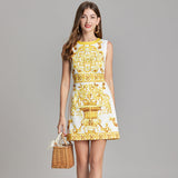 2024 Summer New Women's High-End Court Retro-Print Round-Neck Sleeveless Vest Short Dress 68HZ