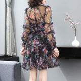Small Collar Long-Sleeved Print Lotus Leaf Side Black Dress Fashion Holiday Style New Women's Spring And Summer 2025 68HZ