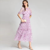 Round Collar Three-Dimensional Heavy Industry Embroidered Lotus Leaves Side Purple Dress Dress 2024 Summer New Women's Dress 68HZ