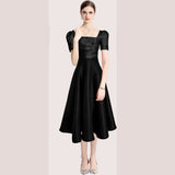 French Hepburn Style Temperament Pure Color Folds To The Waist Slim Hem Solid Color Dress Dress Summer 68HZ
