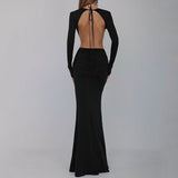 New Sexy V-Necked Long-Sleeved Dress Waist Decor Flower Open-Forked Pouse Dress Dress Dress Long 68HZ