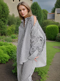 Japan And South Korea Simple Wind 2025 Spring New Fashion Niche Slanted Shoulder Hollow Striped Straight Trouser Shirt Set Female Trend 68HZ