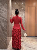 2025 Autumn And Winter Women's Elegant Ocean Collar Bow Wave Point Printing Waist Lotle Side Dress 68HZ